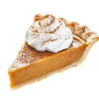 A slice of freshly baked pumpkin pie with a flaky crust, topped with a dollop of whipped cream and a sprinkle of cinnamon. A classic autumn dessert. Isolated on clean white background photo
