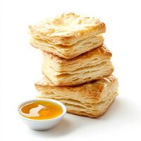 A stack of golden, buttery biscuits with flaky layers, served with a side of honey butter. The biscuits have a slightly crisp exterior and a soft, tender interior. Isolated on clean white background photo