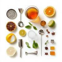 Various ingredients arranged in a circle on a white surface photo