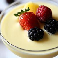A close-up of a creamy zabaglione al marsala dessert, a warm and frothy Italian dessert, made with egg yolks, sugar, sweet Marsala wine, and a touch of lemon zest, whipped to a light and airy photo