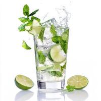 A refreshing mojito cocktail in a glass with muddled mint leaves, lime slices, ice cubes, and a splash of sparkling water. The perfect summer drink with a hint of sweetness. Isolated on clean white photo