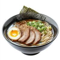A steaming bowl of ramen with thin wheat noodles, tender slices of chashu pork, a soft-boiled egg, and a rich, umami-packed tonkotsu broth. The dish is garnished with scallions, nori, and sesame seeds photo