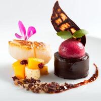 A dish featuring the interplay of hot and cold elements, perhaps seared scallops with a cold mango salsa or a warm chocolate cake with a chilled raspberry sorbet, the artistry of temperature contrasts photo