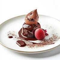 A close-up of a delicate chocolate dessert, featuring a chocolate lava cake, a scoop of raspberry sorbet, and a chocolate tuile, drizzled with chocolate sauce and sprinkled with cocoa powder, photo