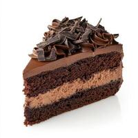 A decadent slice of chocolate cake with layers of moist, rich cocoa sponge and creamy chocolate ganache. The dessert is topped with dark chocolate shavings for an indulgent finish. Isolated on clean photo