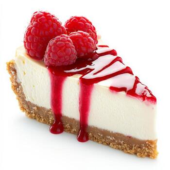 A rich and creamy cheesecake with a graham cracker crust, topped with fresh raspberries and a drizzle of raspberry sauce. A decadent dessert. Isolated on clean white background photo