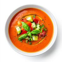 A bowl of fresh summer gazpacho, a chilled tomato-based soup with cucumber, bell peppers, and herbs, served with a drizzle of olive oil. A refreshing dish. Isolated on clean white background photo