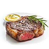 A perfectly seared ribeye steak with a caramelized crust and a juicy, medium-rare center. The steak is garnished with fresh rosemary and served with a side of garlic butter, making for an indulgent, photo
