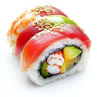 A colorful rainbow sushi roll, filled with fresh crab, avocado, and cucumber, topped with thin slices of tuna, salmon, and shrimp. The roll is garnished with sesame seeds. Isolated on clean white photo