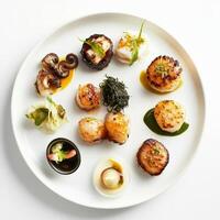 A plate of Spanish tapas, reinvented with the umami flavors of Japanese cuisine, featuring small bites of grilled octopus with soy-ginger glaze, seared scallops with seaweed butter, and tempura photo