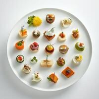 An artfully arranged plate of small bites, each a miniature version of a larger dish, showcasing the chef's skill in creating diverse and complex flavors in a bite-sized format, the artistry of photo