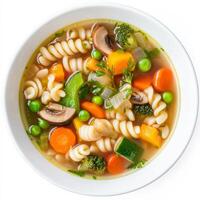 A bowl of Italian minestrone soup, transformed with the rich and creamy flavors of Japanese miso soup, featuring a flavorful broth, mixed vegetables, pasta, and a miso paste infused with dashi broth photo