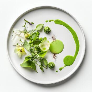 A plate composed primarily of a single color, perhaps vibrant green, with ingredients arranged to create depth and visual interest, highlighting the use of color to create a dramatic and artistic photo