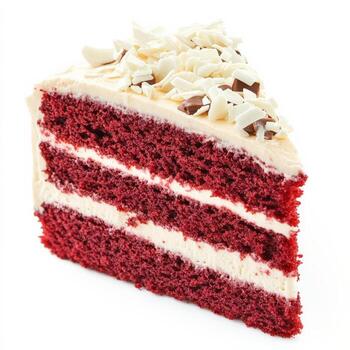 A decadent slice of red velvet cake with three moist, ruby-red sponge layers, filled with smooth cream cheese frosting and topped with delicate white chocolate shavings. A classic and visually photo