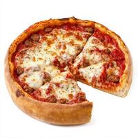A classic Chicago-style deep-dish pizza with a thick, buttery crust, rich tomato sauce, layers of melted mozzarella, and savory sausage. A hearty and satisfying meal. Isolated on clean white photo