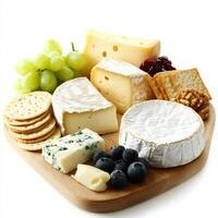 A selection of artisanal cheeses, served on a cheese board, with crackers, fruit, and nuts, showcasing the craftsmanship and variety of cheese-making, a sophisticated course, perfect for concluding a photo