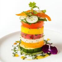 A visually stunning tower of ingredients, stacked high with contrasting colors and textures, creating a dramatic focal point on the plate, highlighting the vertical dimension in innovative food photo