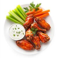 A plate of spicy buffalo wings coated in a tangy hot sauce, served with a side of cool ranch dressing, celery sticks, and carrot sticks. A game-day favorite. Isolated on clean white background photo