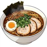 A steaming bowl of ramen with a rich, flavorful broth, topped with tender slices of pork, a soft-boiled egg, green onions, seaweed, and sesame seeds. The noodles are thick and wavy, absorbing the photo