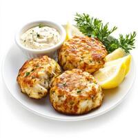 A plate of golden-brown crab cakes with a crispy exterior and tender, flavorful crab meat inside, served with a side of lemon wedges and creamy remoulade sauce. Isolated on clean white background photo