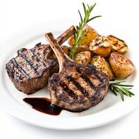 A plate of perfectly grilled lamb chops, served with a side of rosemary-infused roasted potatoes and a drizzle of balsamic reduction sauce. A fine dining experience. Isolated on clean white background photo