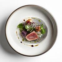 A presentation that utilizes a custom-designed plate or serving vessel, its shape, color, or texture enhancing the presentation and overall dining experience, the artful integration of tableware into photo