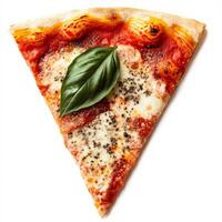 A perfectly charred slice of Neapolitan pizza with a thin, chewy crust, fresh tomato sauce, creamy mozzarella, and aromatic basil leaves. A wood-fired classic. Isolated on clean white background photo