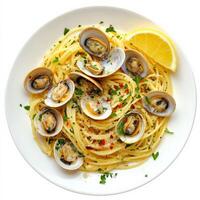 A vibrant plate of spaghetti alle vongole, with spaghetti tossed with fresh clams, garlic, white wine, and a touch of red pepper flakes, garnished with fresh parsley and a lemon wedge, a classic photo