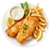 A plate of golden, crispy fish and chips, with flaky beer-battered cod and a side of thick-cut fries. Served with tartar sauce, lemon wedges, and a sprinkle of sea salt. A British pub classic. photo