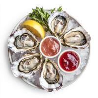 A plate of fresh oysters on the half shell, served on a bed of crushed ice with lemon wedges, cocktail sauce, and a side of mignonette sauce. A refined seafood dish. Isolated on clean white background photo