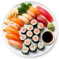 A vibrant sushi platter featuring an assortment of nigiri and maki rolls. Fresh salmon, tuna, and shrimp rest atop small mounds of perfectly seasoned rice, accompanied by wasabi, soy sauce, and photo