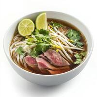 A steaming bowl of pho, the traditional Vietnamese noodle soup, featuring thinly sliced beef, fresh herbs, bean sprouts, and a fragrant beef broth. Lime wedges and hoisin sauce complete the dish. photo