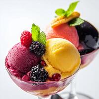 A close-up of a refreshing sorbet trio dessert, featuring three scoops of different French fruit sorbets, such as raspberry sorbet, lemon sorbet, and blackcurrant sorbet, served in a trio of elegant photo