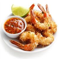 A plate of coconut shrimp, deep-fried to a golden crisp, served with a tangy pineapple dipping sauce and a wedge of lime. A tropical-inspired seafood dish. Isolated on clean white background photo