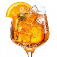 A close-up of a refreshing aperol spritz cocktail, a classic Italian aperitif, made with Aperol, Prosecco, and a splash of soda water, served in a wine glass with ice, an orange slice, and a green photo