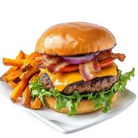 A gourmet burger with a juicy beef patty, melted cheddar cheese, crispy bacon, lettuce, tomato, red onion, and a toasted brioche bun, served with a side of sweet potato fries. Isolated on clean white photo