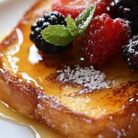 A close-up of a sweet and sticky pain perdu, a French version of French toast, made with slices of brioche bread, soaked in a mixture of eggs, milk, and vanilla, fried until golden brown and photo