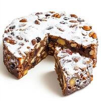 A close-up of a traditional panforte di Siena, a dense and chewy Italian fruitcake, made with honey, nuts, candied fruit, and a blend of warm spices, such as cinnamon, cloves, and nutmeg, dusted with photo