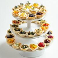 A vibrant platter of assorted mini tartelettes, featuring French tartlets, filled with a variety of sweet and savory fillings, such as lemon curd, chocolate ganache, raspberry jam, frangipane, spinach photo