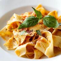 A close-up on the intricate detail of a handcrafted pasta creation, showcasing a pasta dish with intricate shapes or a delicate pattern, emphasizing the care and artistry involved in making pasta from photo