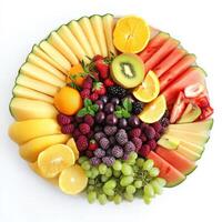 A colorful fruit platter with a variety of sliced melons, berries, grapes, and citrus fruits, arranged in an elegant and visually appealing manner. Isolated on clean white background photo