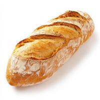 A freshly baked baguette with a golden, crisp crust and a soft, airy interior. The bread has a rustic appearance with natural cracks and a slightly uneven shape, showcasing its artisanal quality. photo
