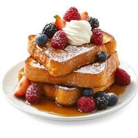 A stack of thick-cut French toast, dusted with powdered sugar, drizzled with maple syrup, and topped with fresh berries and a dollop of whipped cream. Isolated on clean white background photo