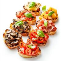 A vibrant platter of assorted bruschetta, featuring grilled bread topped with various toppings, such as fresh tomatoes and basil, mushrooms and truffle oil, and prosciutto and melon, perfect for an photo