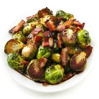 A plate of perfectly roasted Brussels sprouts, caramelized to a golden brown and tossed with crispy bacon bits and a drizzle of balsamic glaze. A flavorful and nutritious side dish. Isolated on clean photo