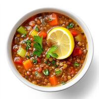 A steaming bowl of homemade lentil soup, packed with nutritious vegetables like carrots, celery, and tomatoes, simmered in a rich, seasoned broth. Garnished with a squeeze of fresh lemon and chopped photo