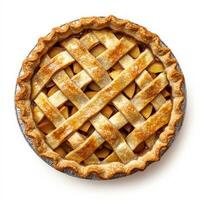A freshly baked apple pie with a golden, flaky crust and a lattice top, revealing warm, cinnamon-spiced apple filling inside. A comforting homemade dessert. Isolated on clean white background photo