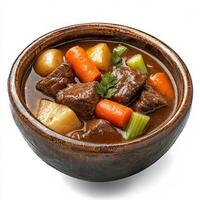 A hearty beef stew with chunks of tender slow-cooked beef, carrots, potatoes, and celery, simmered in a rich, savory broth. Served in a rustic bowl, perfect for cold-weather comfort food. Isolated on photo