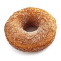 A classic American apple cider donut, coated in cinnamon sugar and slightly crisp on the outside while remaining soft and fluffy inside. A perfect autumn treat. Isolated on clean white background photo
