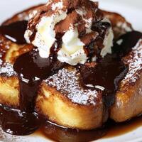 A close-up of a decadent and warm pain perdu au chocolat, a French version of French toast, infused with dark chocolate, made with slices of brioche bread, soaked in a mixture of eggs, milk, chocolate photo